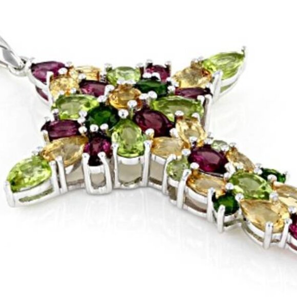 Multi-Gemstone Cross on 18 inch Silver Chain - Picture 6 of 7